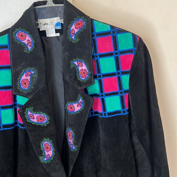 Erez Sport Vintage 80s Black Leather Check & Beaded Paisley Jacket Coat Size L - Picture 2 of 12